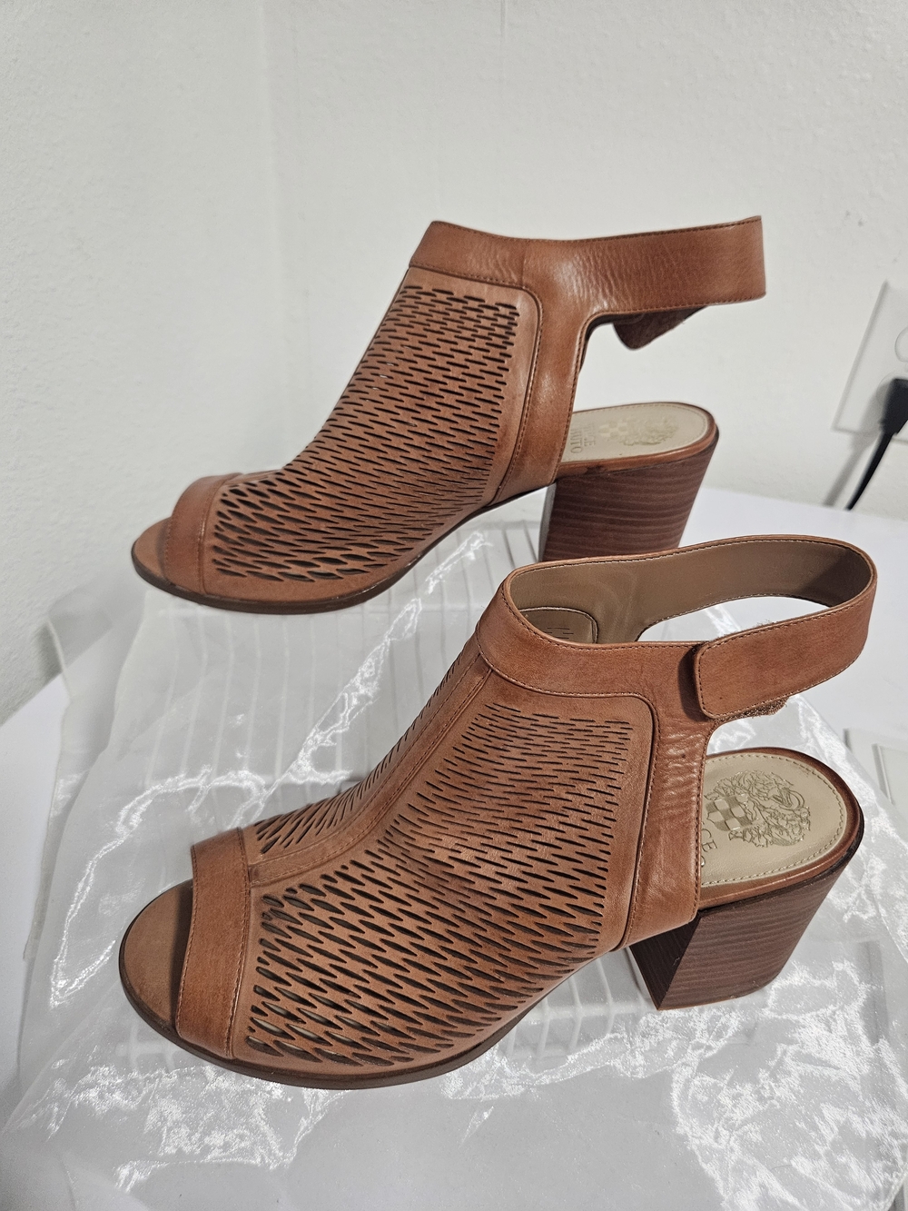 Vince Camuto Cognac Brown Perforated Peep-Toe Block Heel Sandals